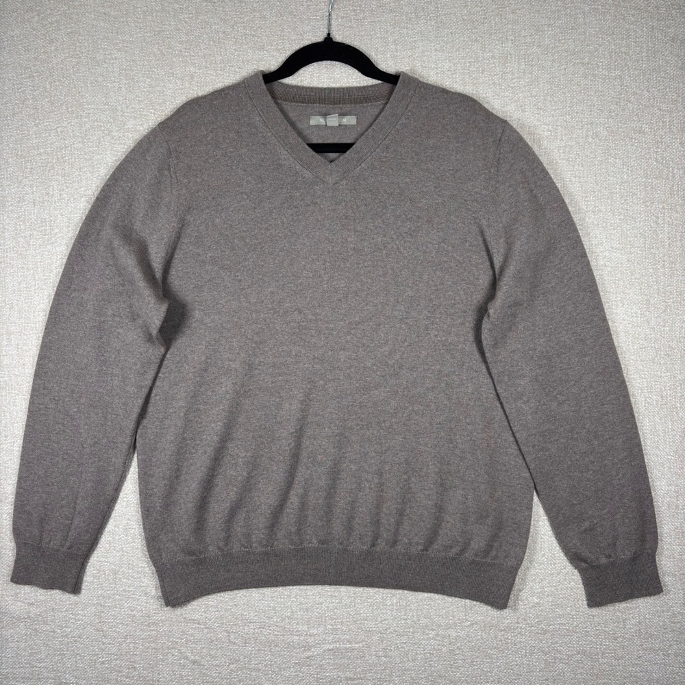 Nordstrom Mens V-Neck Sweater Large Taupe Brown 100% Extra Fine Merino Wool Knit